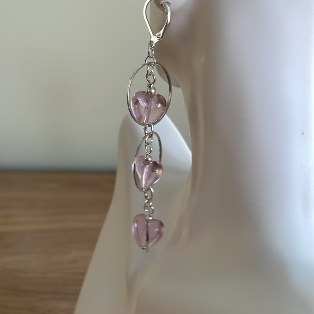 HAND CRAFTED EARRINGS Pink Hearts Silver Rings Drop Dangle Valentine’s Day - Picture 5 of 12